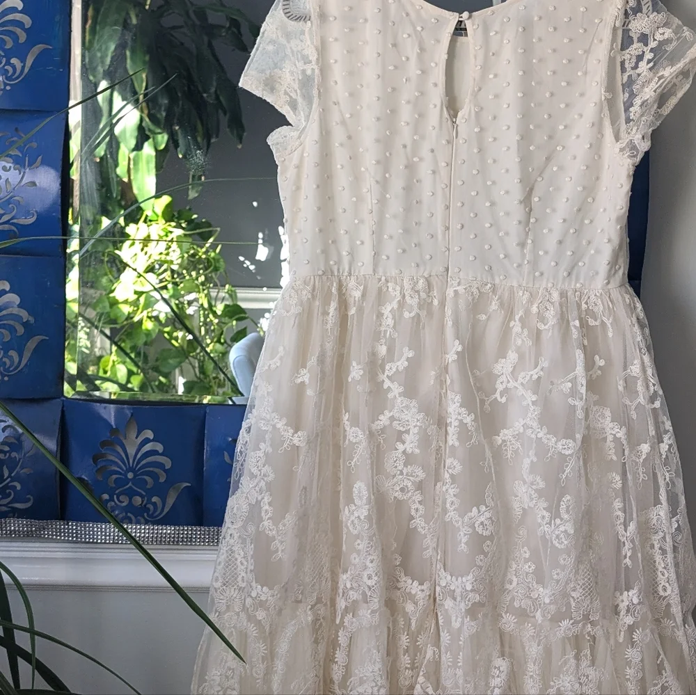 Geode x Anthropologie Floral Lace Swiss Dot Short Sleeve Midi Wedding Dress - Picture 6 of 11